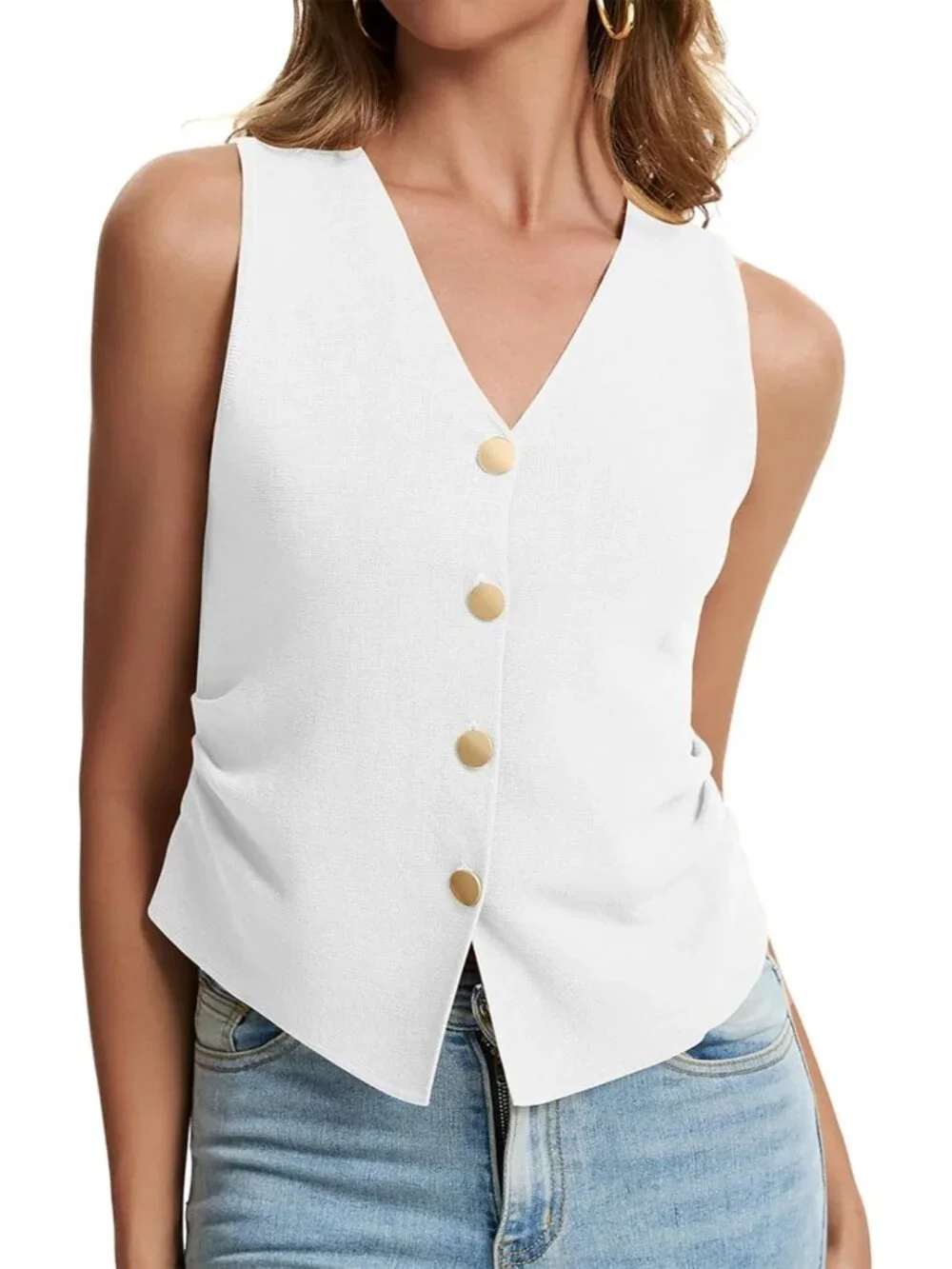 Women's White Sleeveless Button Up Knit Imported Casual Sweater Vest Tank Tops